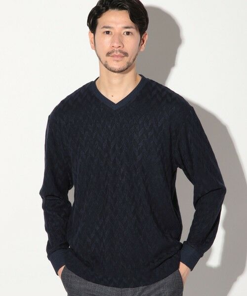 MEN'S BIGI / メンズビギ Tシャツ | ミルジャガードチェック柄VネックロンT（ネイビー）
