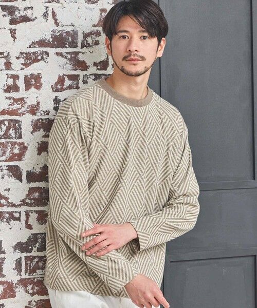 MEN'S BIGI / メンズビギ Tシャツ | 配色ジオメトリックリンクスジャガードロンT（ベージュ）