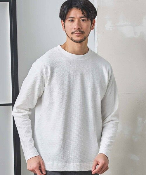 MEN'S BIGI / メンズビギ Tシャツ | シェブロン柄リンクスジャガードロンT（ホワイト）