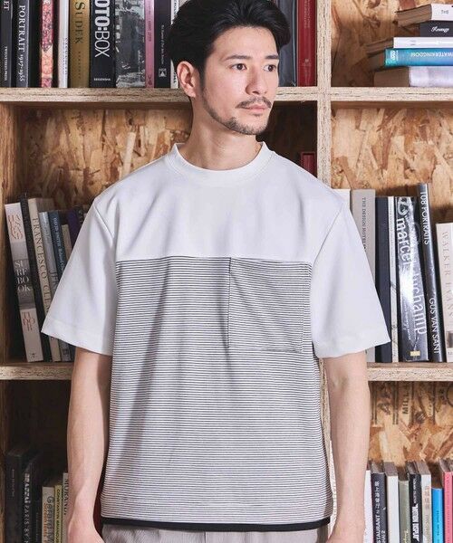 MEN'S BIGI / メンズビギ Tシャツ | ボーダー天竺×ストレッチカルゼTシャツ（ホワイト）