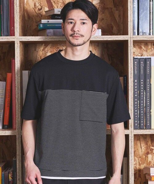MEN'S BIGI / メンズビギ Tシャツ | ボーダー天竺×ストレッチカルゼTシャツ（ブラック）