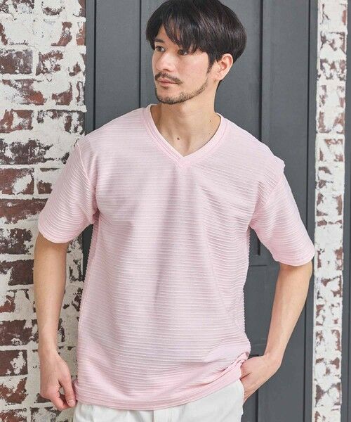 MEN'S BIGI / メンズビギ Tシャツ | タックジャガードVネックTシャツ（ピンク）
