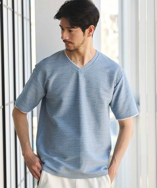 MEN'S BIGI / メンズビギ Tシャツ | タックジャガードVネックTシャツ（ライトブルー）