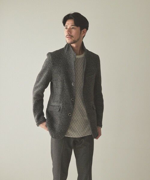 MEN'S BIGI / メンズビギ テーラードジャケット | ヘリンボン柄プリントフリーススタンドジャケット | 詳細1