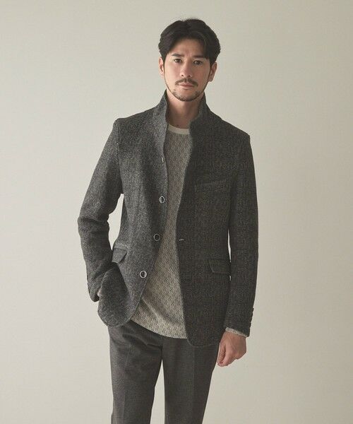 MEN'S BIGI / メンズビギ テーラードジャケット | ヘリンボン柄プリントフリーススタンドジャケット（チャコールグレー系）