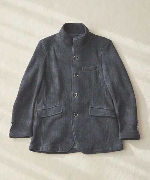 MEN'S BIGI / メンズビギ テーラードジャケット | ヘリンボン柄プリントフリーススタンドジャケット（ネイビー系）