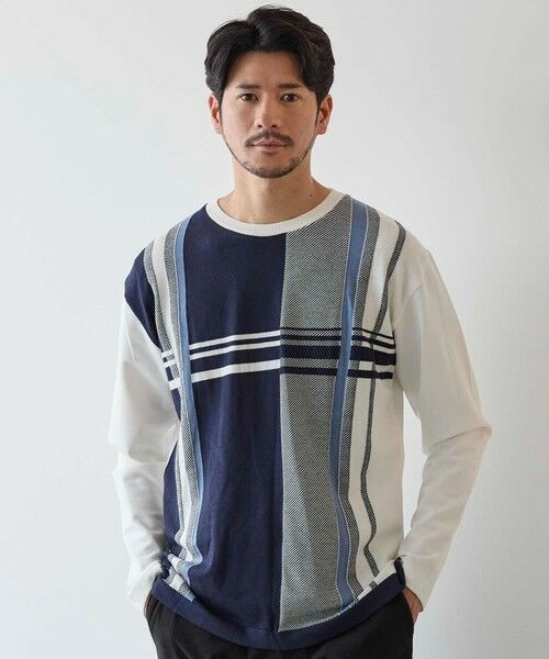 MEN'S BIGI / メンズビギ スウェット | ニット×ポンチ パネル切り替え クルーネックロンT（ホワイト系）