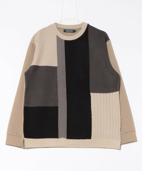 MEN'S BIGI / メンズビギ Tシャツ | ニット×ポンチ パネル切り替え ドッキング クルーネックロンT（ライトグレー）