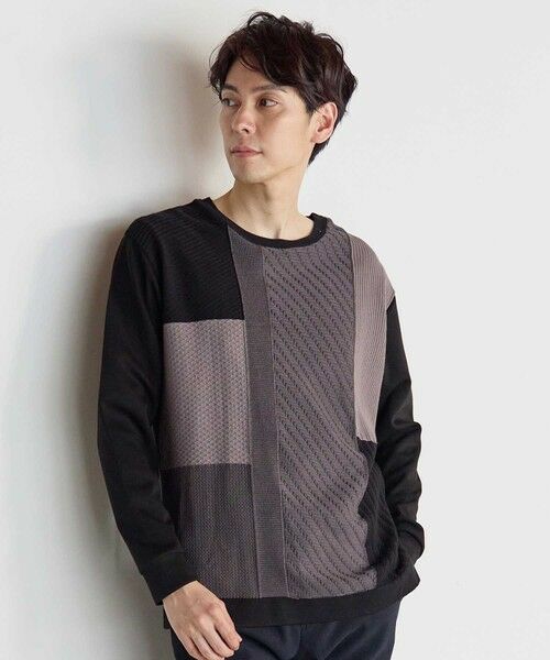 MEN'S BIGI / メンズビギ Tシャツ | ニット×ポンチ パネル切り替え ドッキング クルーネックロンT | 詳細1