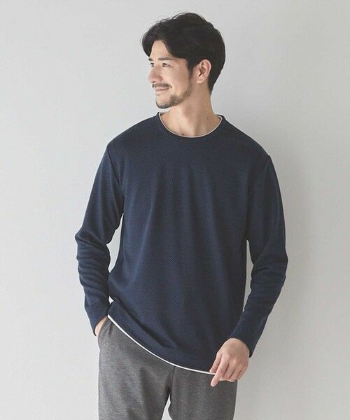 MEN'S BIGI / メンズビギ スウェット | ウェーブジャガード柄フェイクレイヤードクルーTee（ネイビー）