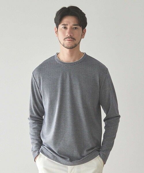 MEN'S BIGI / メンズビギ スウェット | ウェーブジャガード柄フェイクレイヤードクルーTee（ネイビー系）