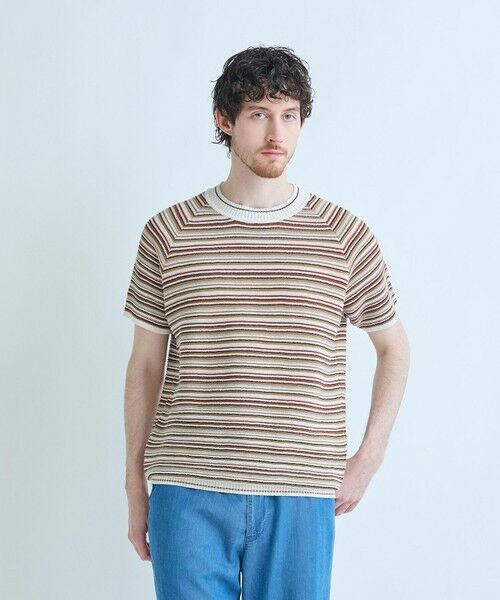 MEN'S BIGI / メンズビギ Tシャツ | マルチカラーボーダー半袖ニットTシャツ（オレンジ系）
