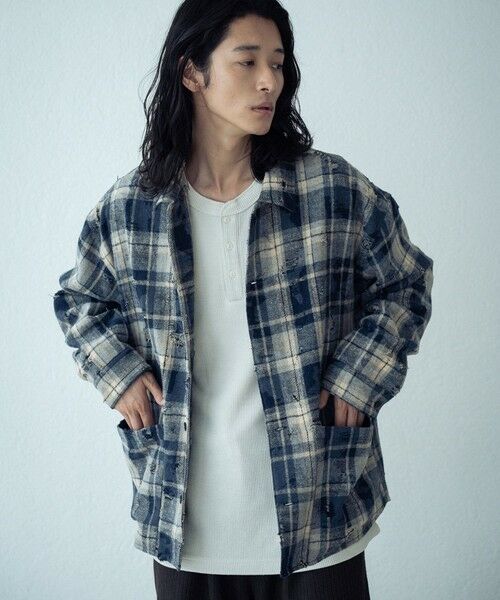 MEN'S BIGI / メンズビギ シャツ・ブラウス | ダメージネルチェックシャツブルゾン（ネイビー）