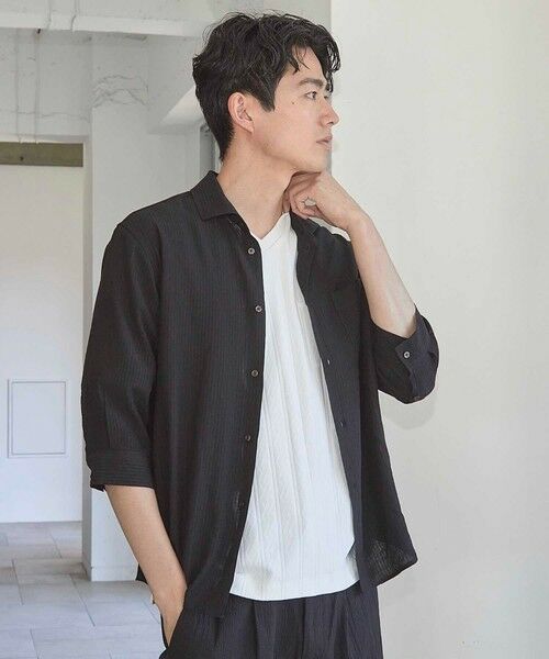 MEN'S BIGI / メンズビギ シャツ・ブラウス | タックストライプローン7分袖シャツ（ブラック）
