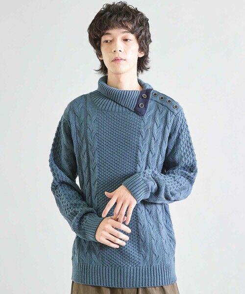 MEN'S BIGI / メンズビギ ニット・セーター | アクリルニットケーブル編みDrネック(ブルー)