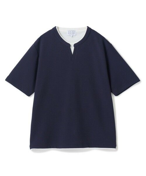 MEN'S BIGI / メンズビギ Tシャツ | ミニワッフルキーネックレイヤードTシャツ（ネイビー）