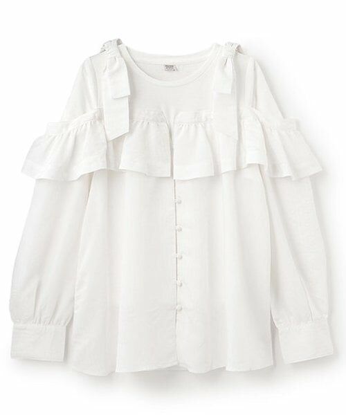mezzo piano junior / メゾピアノジュニア シャツ・ブラウス | 【人気商品再入荷】【直営店で取り扱い無し】ショルダーリボンレイヤード長袖シャツ（オフ ホワイト）