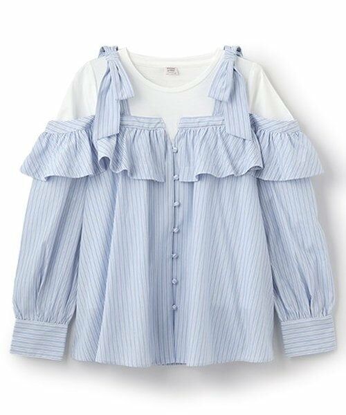 mezzo piano junior / メゾピアノジュニア シャツ・ブラウス | 【人気商品再入荷】【直営店で取り扱い無し】ショルダーリボンレイヤード長袖シャツ（ライト ブルー）