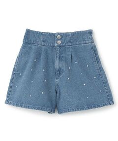 mezzo piano junior / メゾピアノジュニア ショート・ハーフ・半端丈パンツ | 【人気商品再入荷】【直営店で取り扱い無し】パール&ラインストーンつきハイウエストショートパンツ