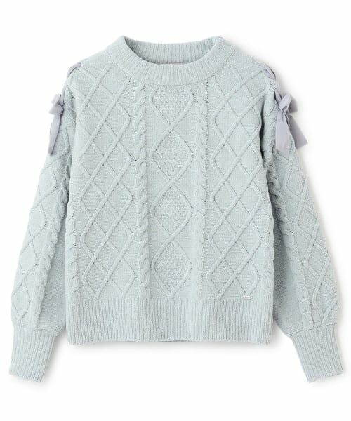 mezzo piano junior / メゾピアノジュニア ニット・セーター | 【人気商品再入荷】【直営店で取り扱い無し】肩レースアップ　ラメ入りモールニット（サックス）