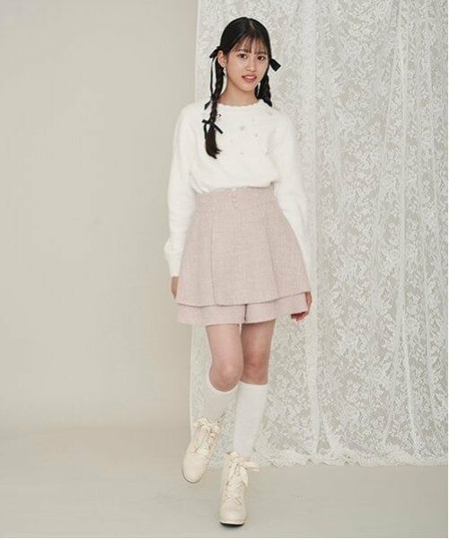 mezzo piano junior / メゾピアノジュニア ショート・ハーフ・半端丈パンツ | ツイードティアードショートパンツ（ベージュ）