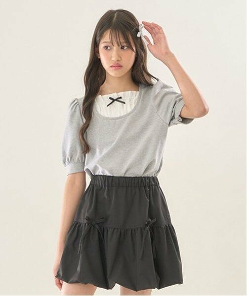 mezzo piano junior / メゾピアノジュニア Tシャツ | 布帛切り替えTシャツ(7分丈)(ライト グレー)