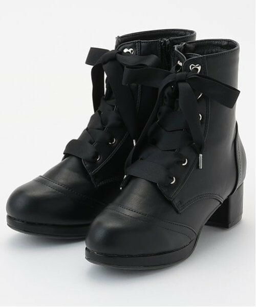 mezzo piano junior / メゾピアノジュニア ブーツ（ショート丈） | サテンリボンレースアップショートブーツ（黒）