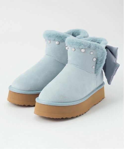 mezzo piano junior / メゾピアノジュニア ブーツ（ショート丈） | パール×りぼんムートン風ブーツ（ライト ブルー）