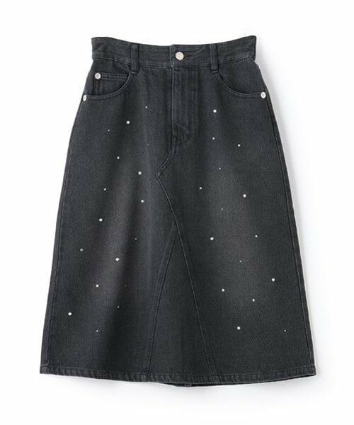 mezzo piano junior / メゾピアノジュニア ミニ・ひざ丈スカート | パール×ラインストーン　デニムミディスカート（黒）