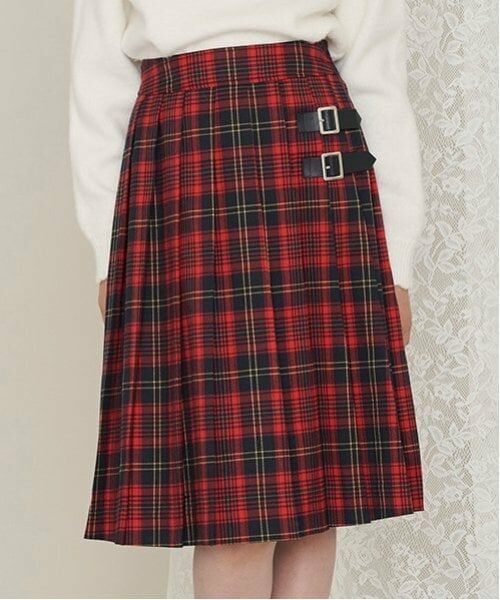 mezzo piano junior / メゾピアノジュニア ミニ・ひざ丈スカート | バックルベルト付きミディ丈プリーツスカート（赤）