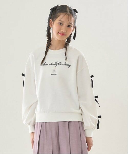 mezzo piano junior / メゾピアノジュニア Tシャツ | タックスリーブリボン長袖Tシャツ（オフ ホワイト）