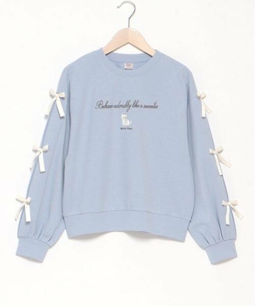 mezzo piano junior / メゾピアノジュニア Tシャツ | タックスリーブリボン長袖Tシャツ（ライト ブルー）