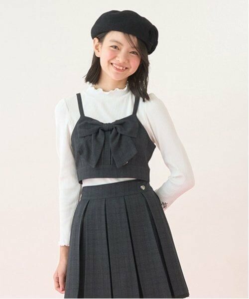 mezzo piano junior / メゾピアノジュニア Tシャツ | パフスリーブ長袖Tシャツ＆リボンビスチェセット（チャコール）