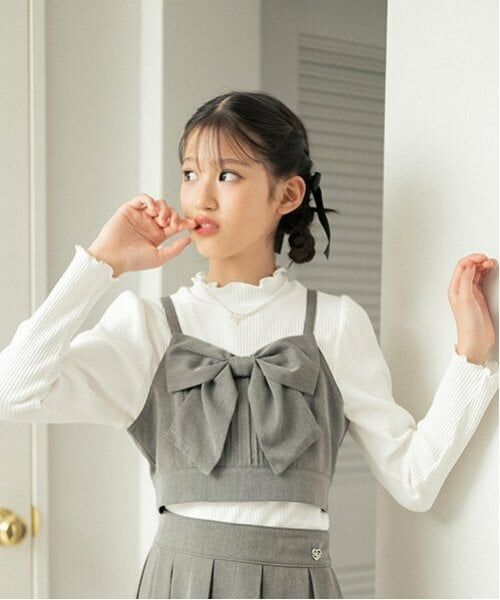 mezzo piano junior / メゾピアノジュニア Tシャツ | パフスリーブ長袖Tシャツ＆リボンビスチェセット（グレー）