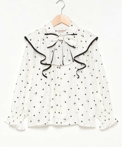 mezzo piano junior / メゾピアノジュニア シャツ・ブラウス | ボウタイ付きハート柄フリルブラウス（オフ ホワイト）