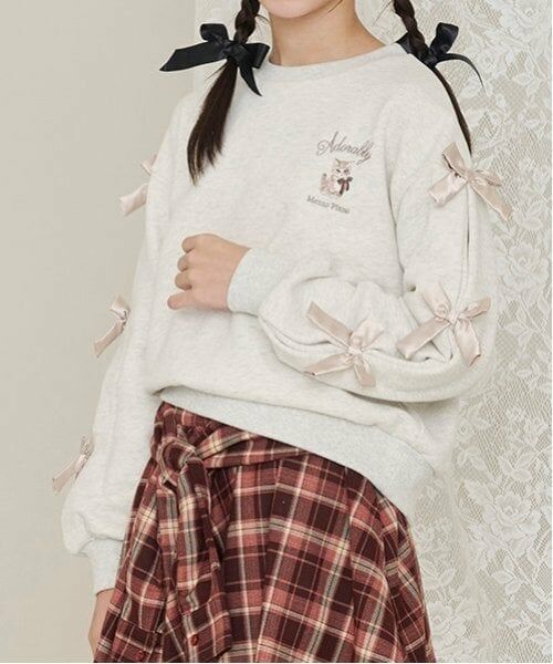 mezzo piano junior / メゾピアノジュニア スウェット | タックスリーブリボントレーナー（ライト グレー）