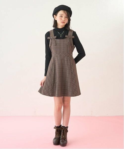 mezzo piano junior / メゾピアノジュニア ミニ丈・ひざ丈ワンピース | ツインリボンジャンパースカート（茶）