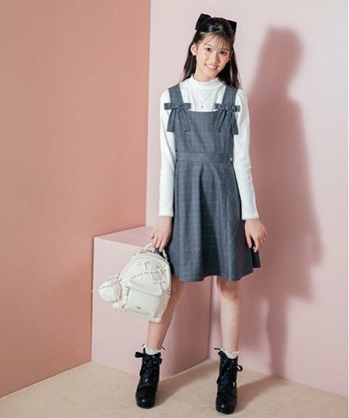 mezzo piano junior / メゾピアノジュニア ミニ丈・ひざ丈ワンピース | ツインリボンジャンパースカート（チャコール）