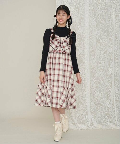 mezzo piano junior / メゾピアノジュニア ミニ丈・ひざ丈ワンピース | フロントリボンジャンパースカート＆Tシャツセット（エンジ）