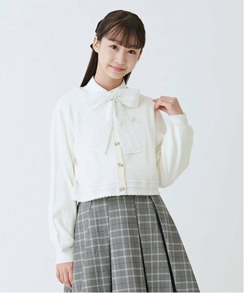 mezzo piano junior / メゾピアノジュニア カーディガン・ボレロ | ショート丈リボンボタンカーディガン（オフ ホワイト）