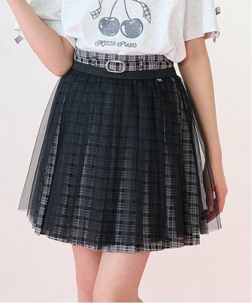 mezzo piano junior / メゾピアノジュニア ショート・ハーフ・半端丈パンツ | チェック柄ボックスプリーツスカパン&チュールスカートセット(黒)