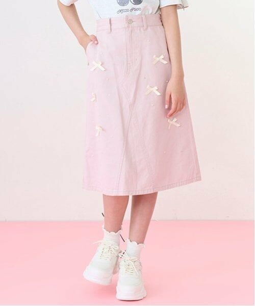 mezzo piano junior / メゾピアノジュニア ミニ・ひざ丈スカート | リボン×パール×ラインストーン ミディスカート（ピンク）