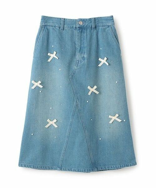 mezzo piano junior / メゾピアノジュニア ミニ・ひざ丈スカート | リボン×パール×ラインストーン ミディスカート（ライト ブルー）