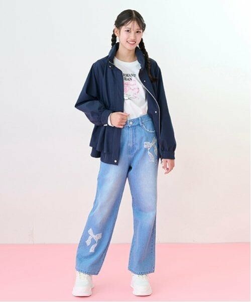 mezzo piano junior / メゾピアノジュニア その他パンツ | 【ニコ☆プチ掲載】レースアップリケ美脚ルーズストレートデニムパンツ | 詳細1