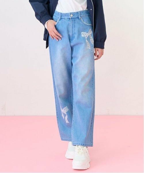 mezzo piano junior / メゾピアノジュニア その他パンツ | 【ニコ☆プチ掲載】レースアップリケ美脚ルーズストレートデニムパンツ（ブルー）