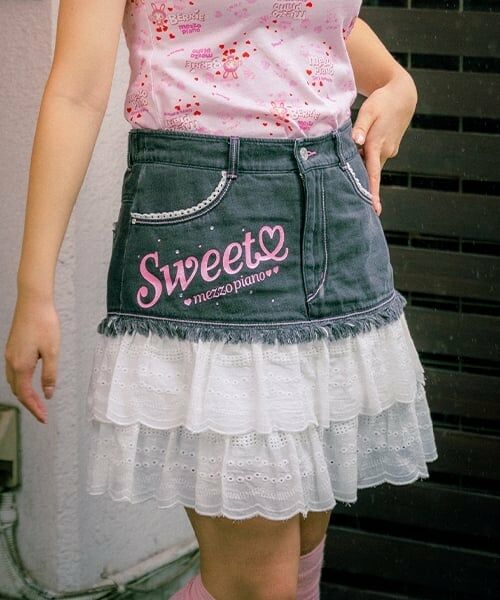 mezzo piano junior / メゾピアノジュニア ミニ・ひざ丈スカート | 復刻♪ デニム×レース Sweetスカート（黒）