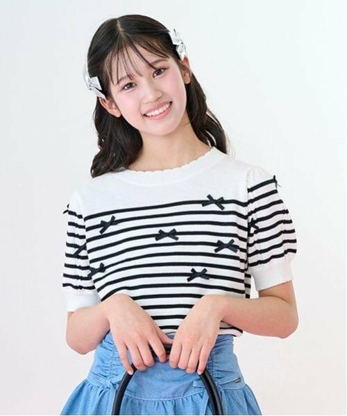 mezzo piano junior / メゾピアノジュニア ニット・セーター | 【ニコ☆プチ掲載】ボーダー＆リボンニット（オフ ホワイト）