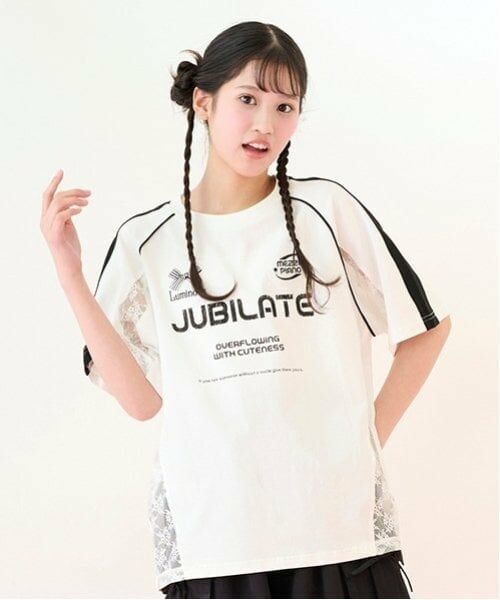 mezzo piano junior / メゾピアノジュニア Tシャツ | 【Cuugal掲載】レース切り替えゲームTシャツ（オフ ホワイト）