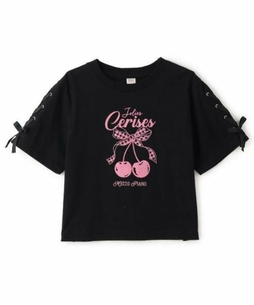 mezzo piano junior / メゾピアノジュニア Tシャツ | 【Cuugal掲載】【接触冷感】袖レースアップリボンチェリーTシャツ（黒）