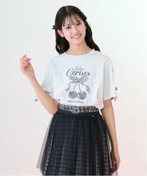 mezzo piano junior / メゾピアノジュニア Tシャツ | 【Cuugal掲載】【接触冷感】袖レースアップリボンチェリーTシャツ（シロ杢）